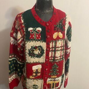 Tiara International Beaded Patchwork Embroidered Christmas sweater, size M